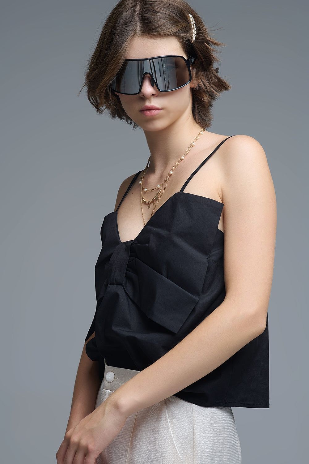 Q2 Black poplin crop top with bow detail