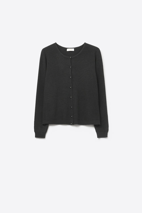 Q2 Black Ribbed Knit Cardigan with Mother-of-Pearl Buttons