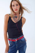 Q2 Black Ribbed Knit Top with V-neck and Spaghetti Straps