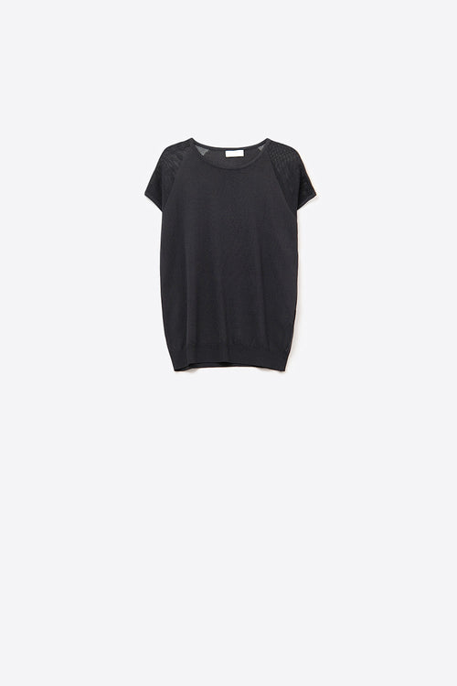 Q2 Black Ribbed Short Sleeve Sweater with knitted mesh on the shoulder