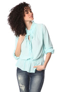 Q2 Turquoise ruffle neck tie blouse