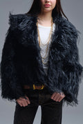 Q2 Black Statement Faux Fur Jacket with Big Collar