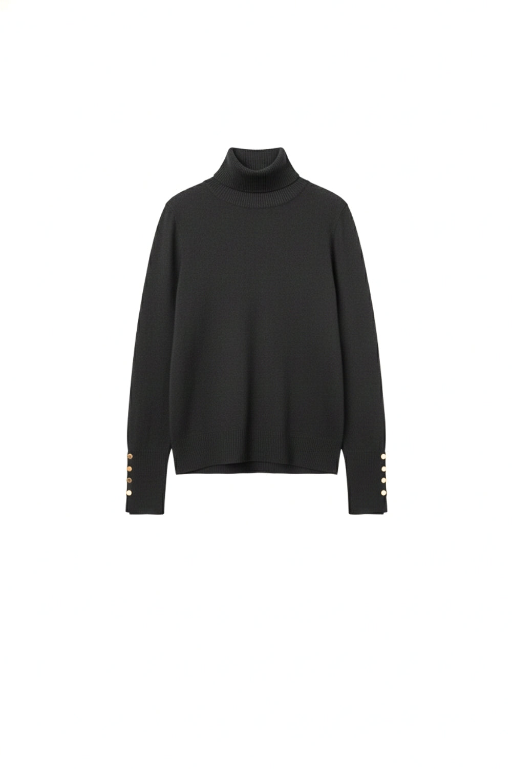Q2 Black turtleneck sweater with gold buttons on the cuff