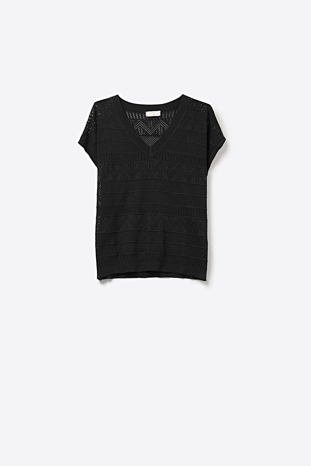 Q2 Black V-Neck Crochet Knit Top with Cap Sleeves