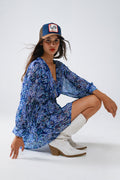 Q2 Blue abstract print short dress with adjustable waist