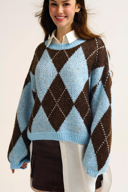 Q2 Blue and Brown diamond Knit Sweater With Voluminous Sleeves