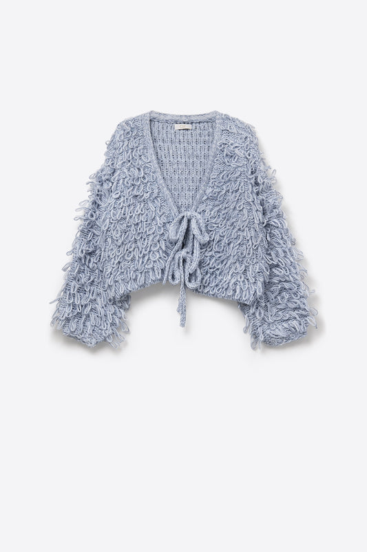 Q2 Blue chunky knit cardigan with V-neck and front bow closure