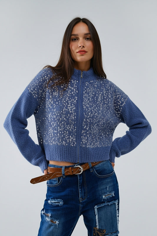 Blue fluffy knit cardigan with sequins and zipper closure
