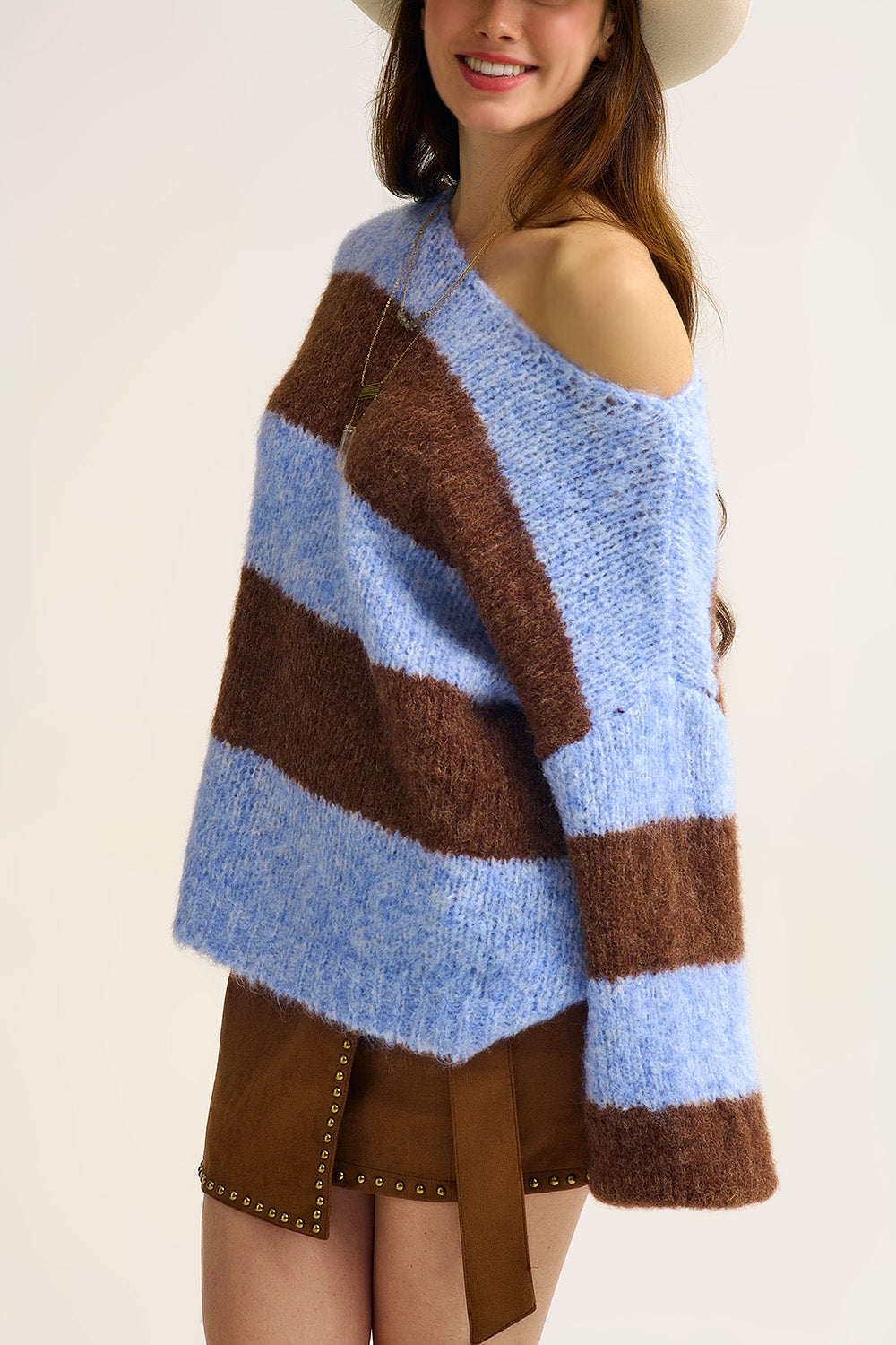 Blue Fluffy Striped Knit Sweater with Balloon Sleeves