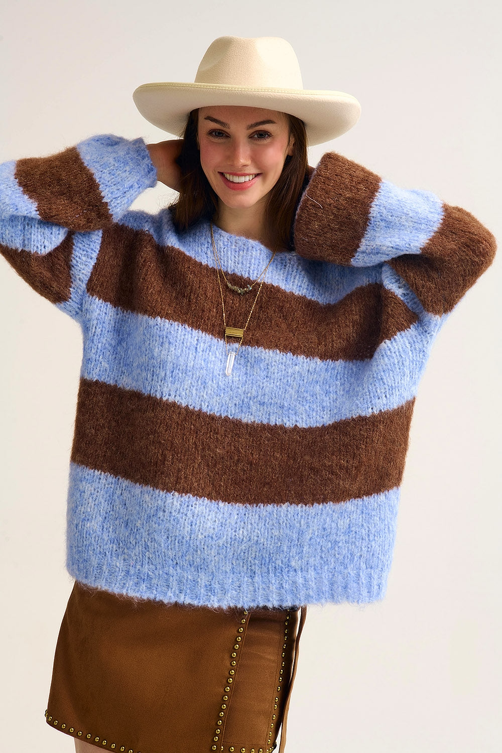 Blue Fluffy Striped Knit Sweater with Balloon Sleeves
