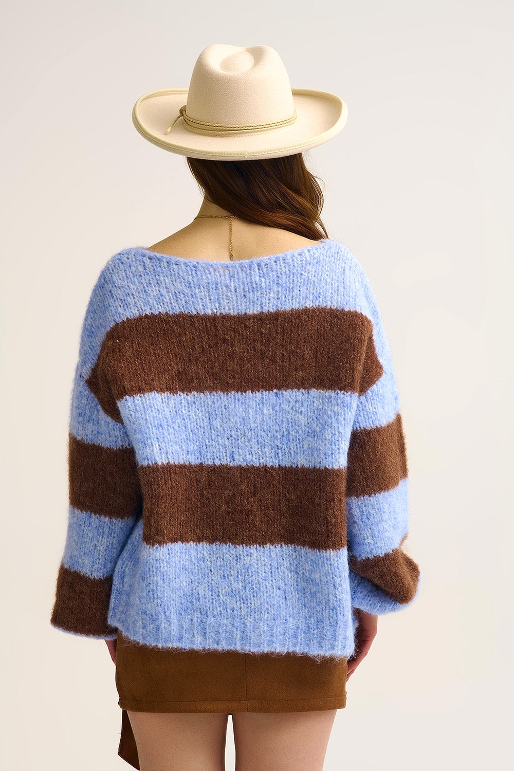Blue Fluffy Striped Knit Sweater with Balloon Sleeves