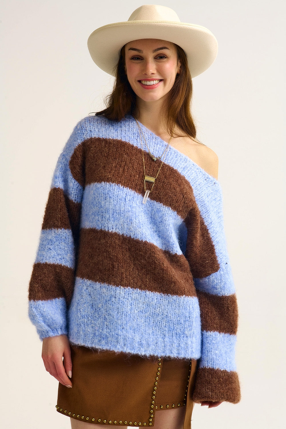 Blue Fluffy Striped Knit Sweater with Balloon Sleeves