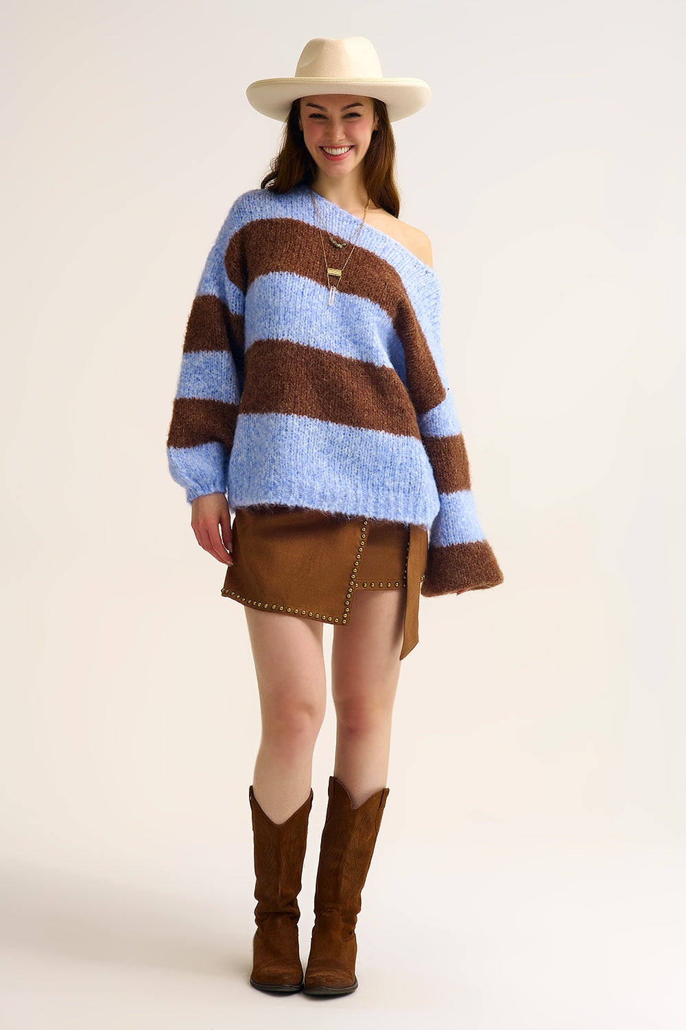 Blue Fluffy Striped Knit Sweater with Balloon Sleeves