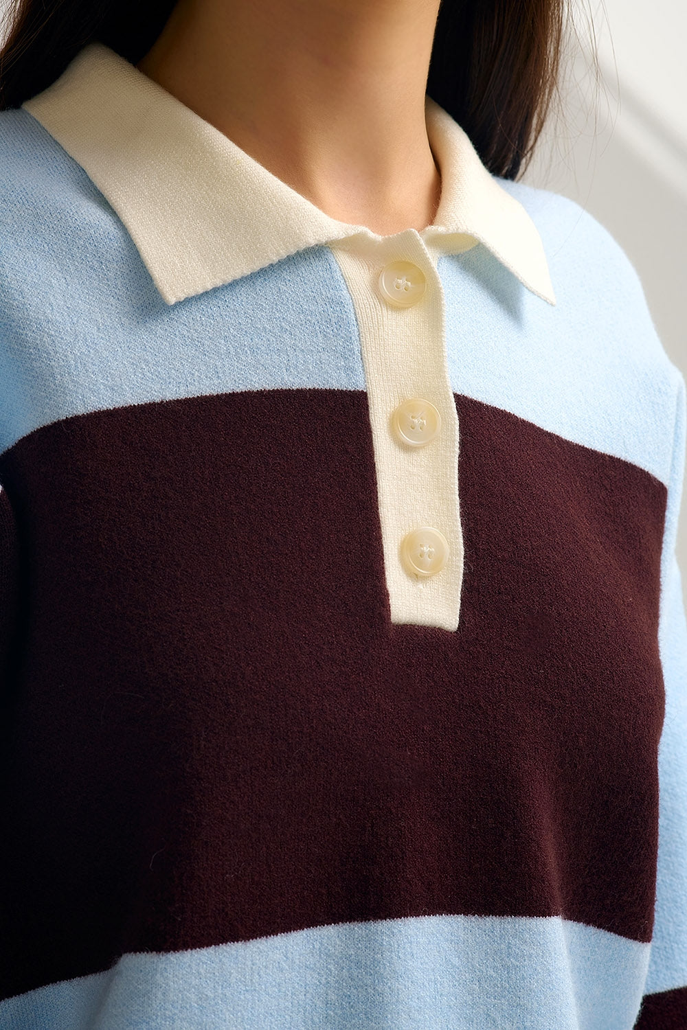 Blue Knit Polo Sweater with Brown Stripes