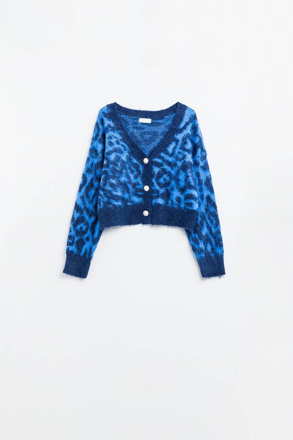 Q2 blue leopard print cardigan made of knitted fabric with wool