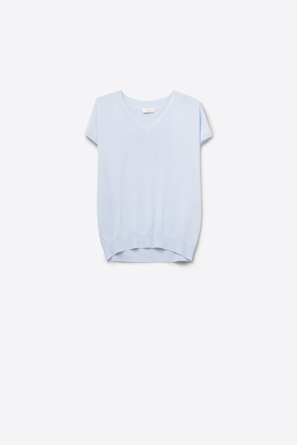 Q2 blue lightweight knit V-neck sweater with short sleeves
