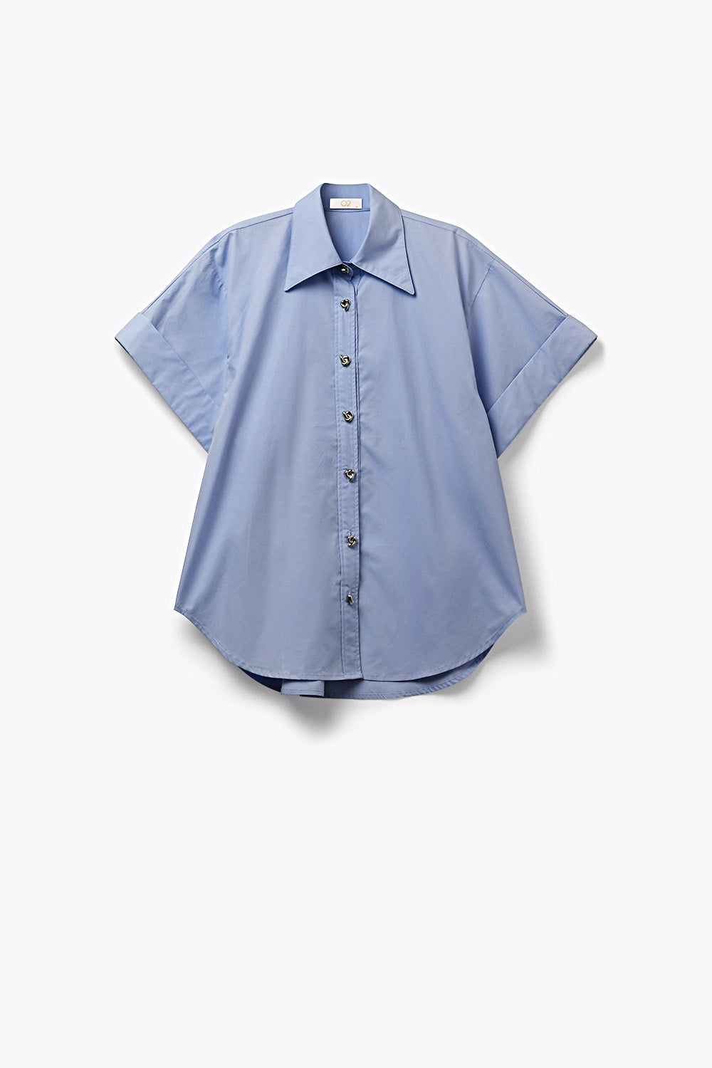 blue poplin Short-Sleeve Kimono Shirt with silver buttons