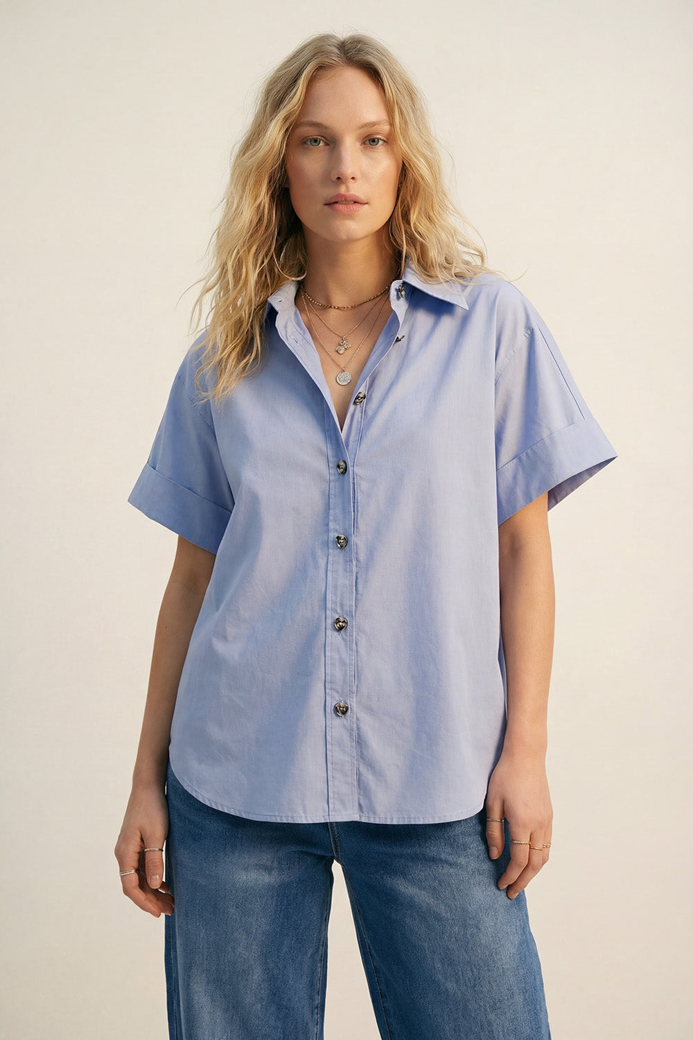 blue poplin Short-Sleeve Kimono Shirt with silver buttons