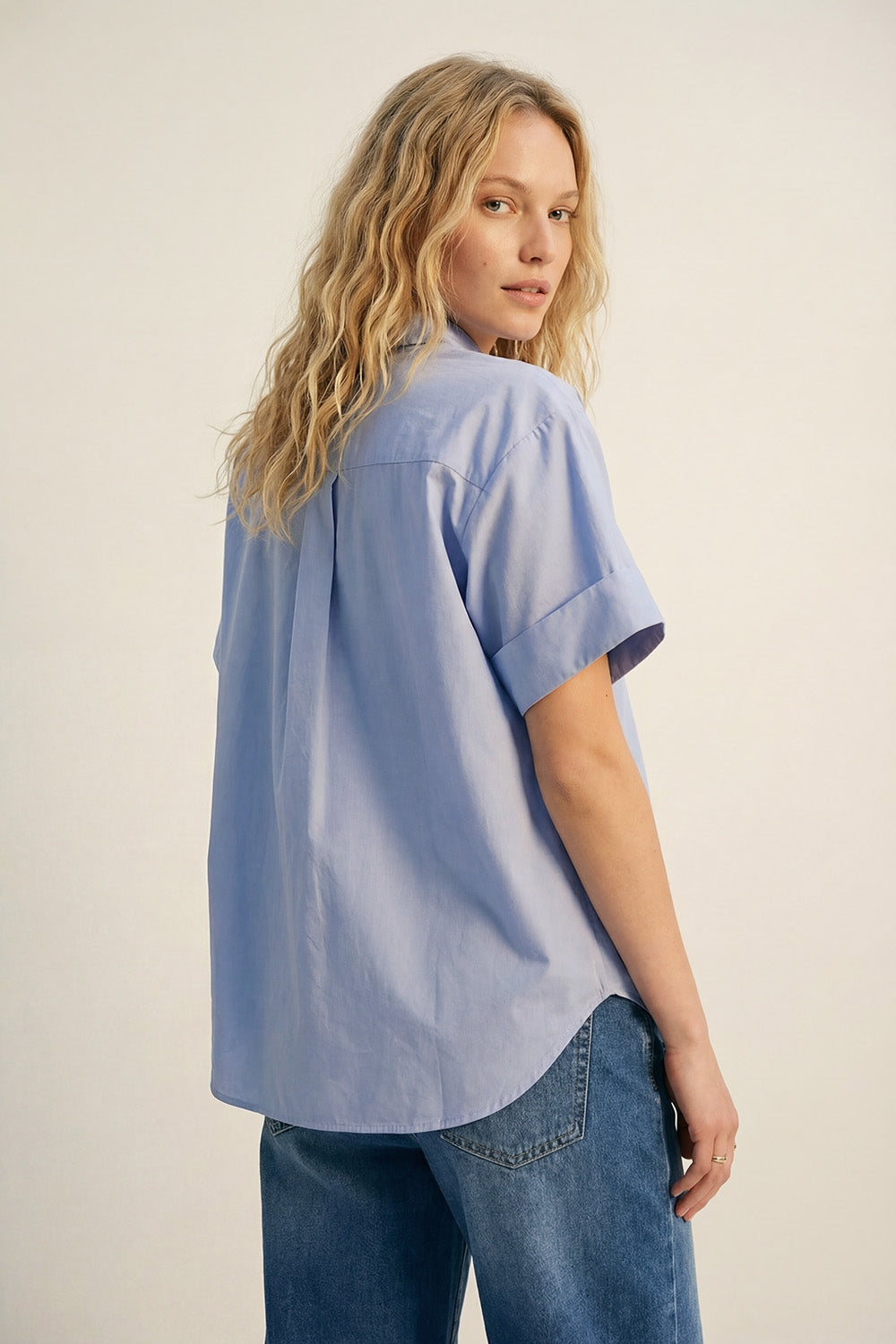 blue poplin Short-Sleeve Kimono Shirt with silver buttons