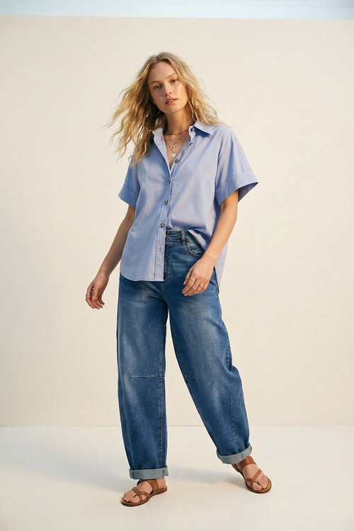 blue poplin Short-Sleeve Kimono Shirt with silver buttons