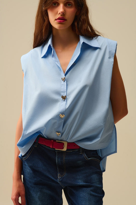 Q2 Blue Sleeveless Blouse with Heart-shaped Buttons