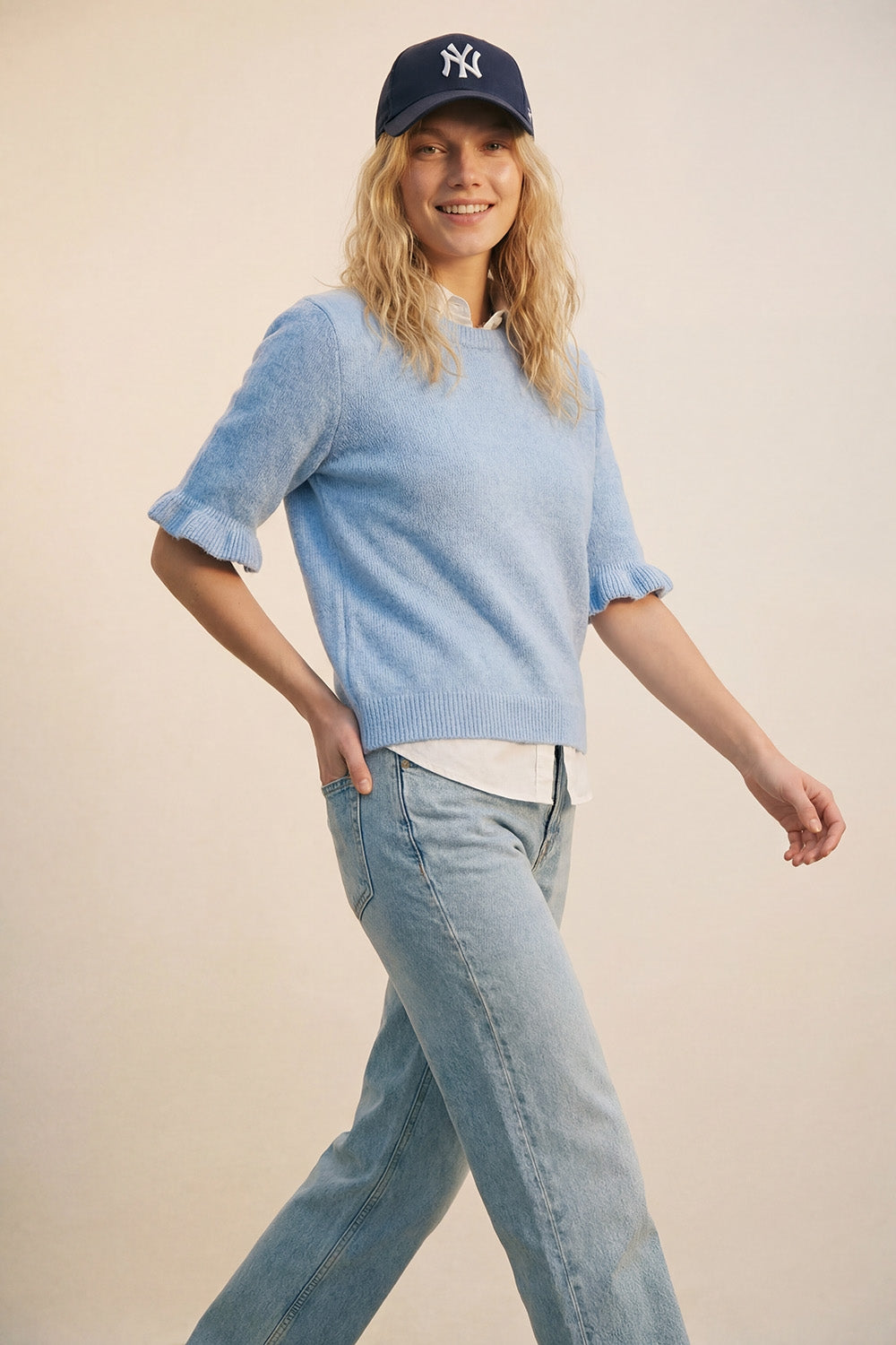 Blue Soft fluffy Knit sweater with Ruffled Sleeve Detail