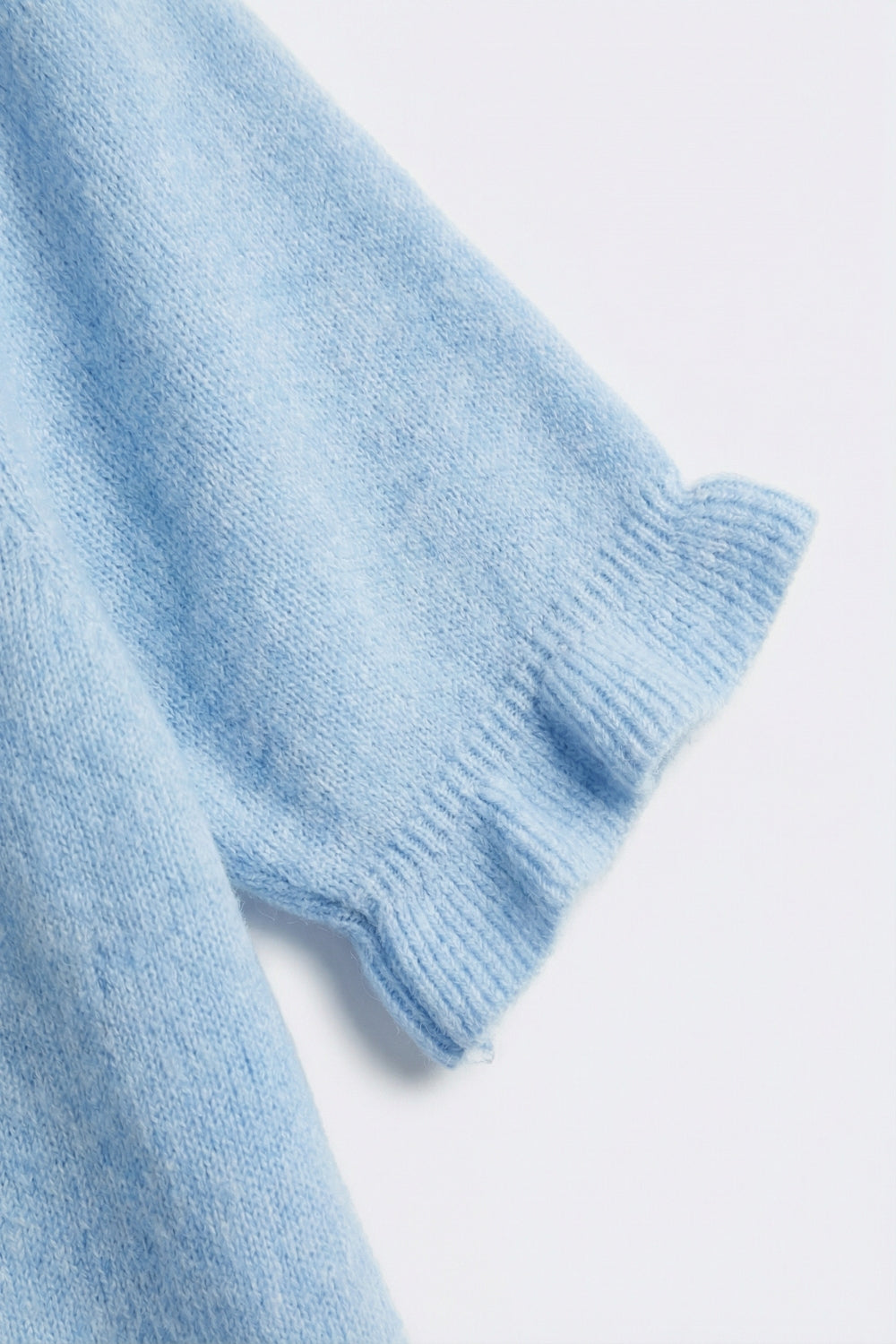 Blue Soft fluffy Knit sweater with Ruffled Sleeve Detail