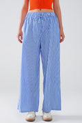 Q2 Blue Striped Pants with Elastic Waist and Pockets