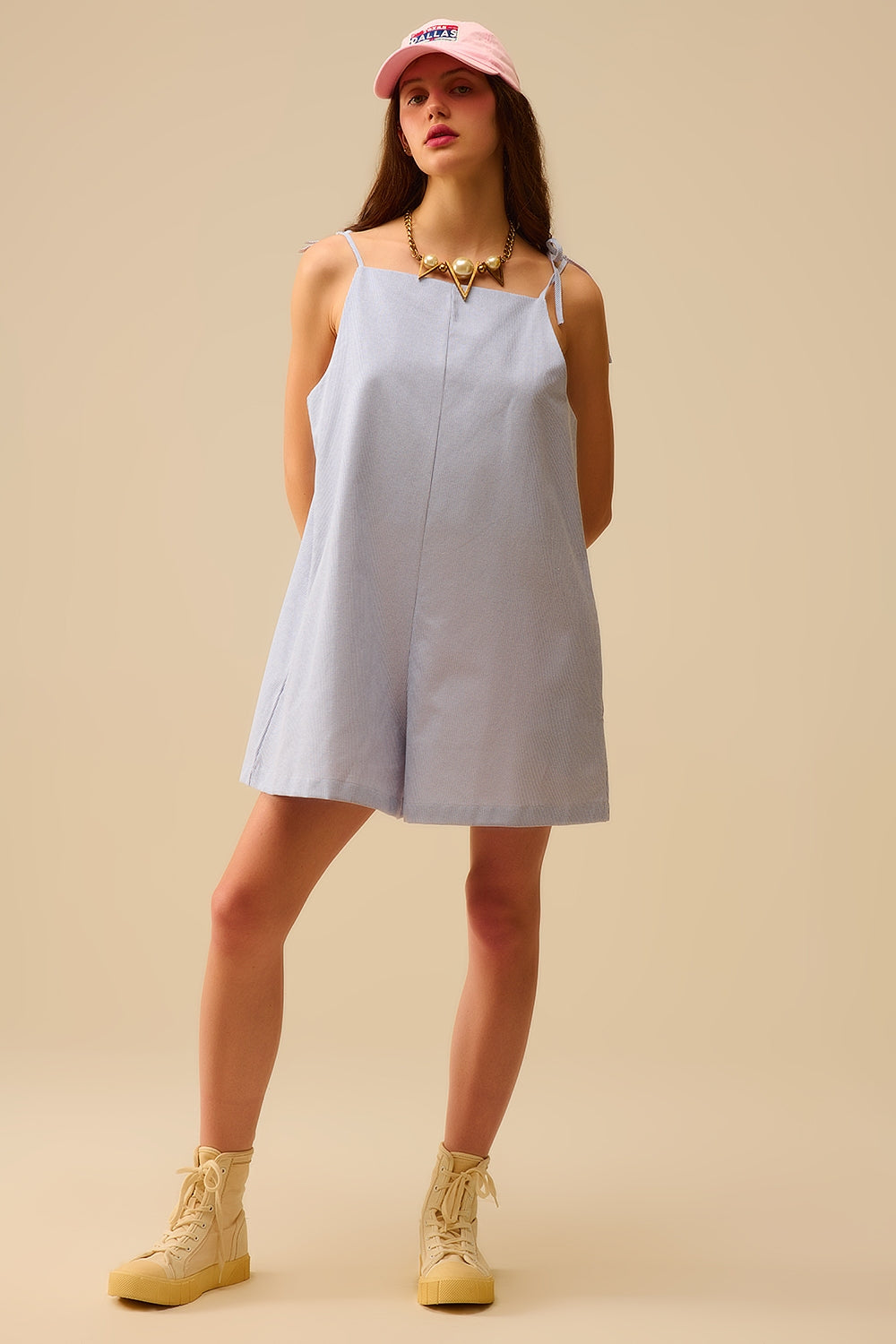 Q2 blue striped playsuit with shoulder ties and back pocket detail