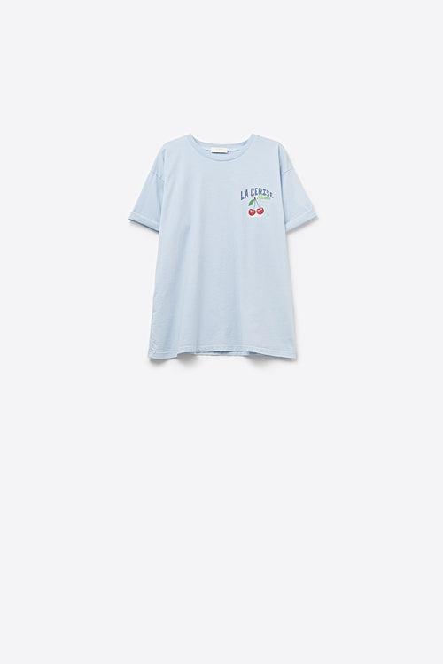 Q2 Blue T-shirt with La Cerise Market Saint-Tropez graphic
