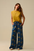 Blue Wide-Leg Trousers with beige Palm Tree Embroidery