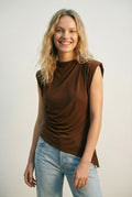 Q2 Brown Asymmetrical Stretch Top with Draped Detail