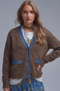 Brown cardigan with denim fabric details