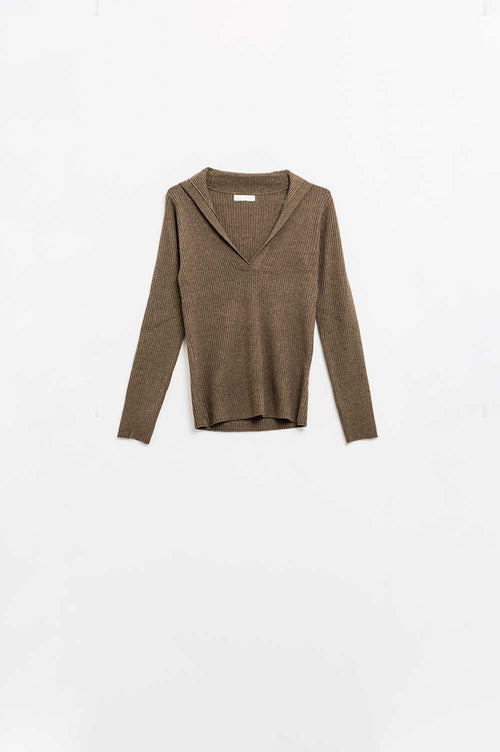 Q2 Brown Collared Rib Top With Long Sleeves