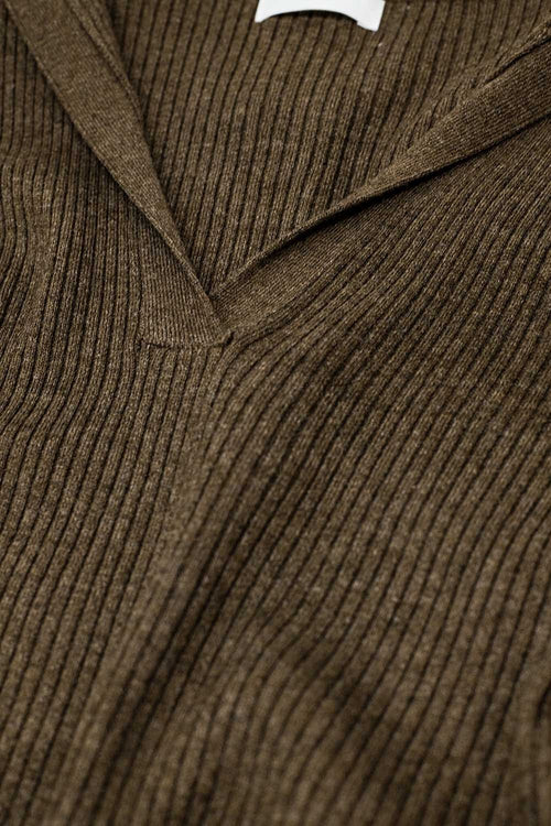 Brown Collared Rib Top With Long Sleeves