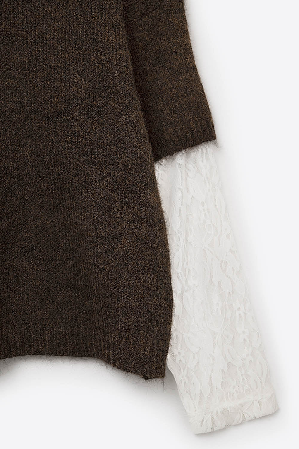 Brown Contrast V-Neck Sweater with Contrasting White lace Sleeves