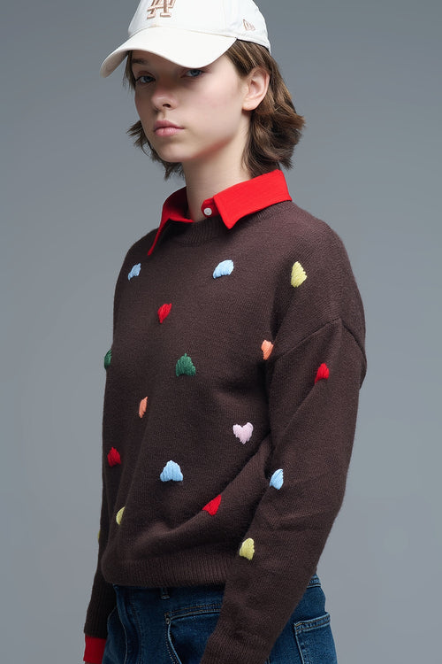 Brown Crew neck Sweater With Multicolor Embroidered Hearts