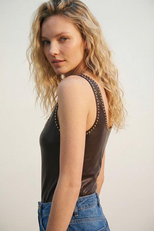 Brown Faux Leather Bodysuit with Stud Detail