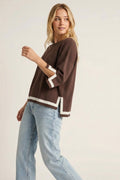 brown Fine Knit sweater with Contrast Stripe in white Detail and 3/4 Sleeves