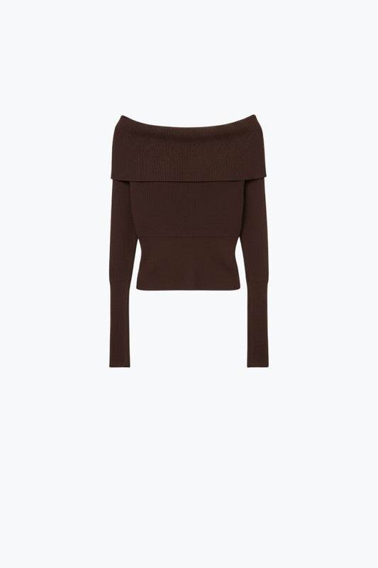 Q2 brown fine ribbed knit sweater with wide boat neck