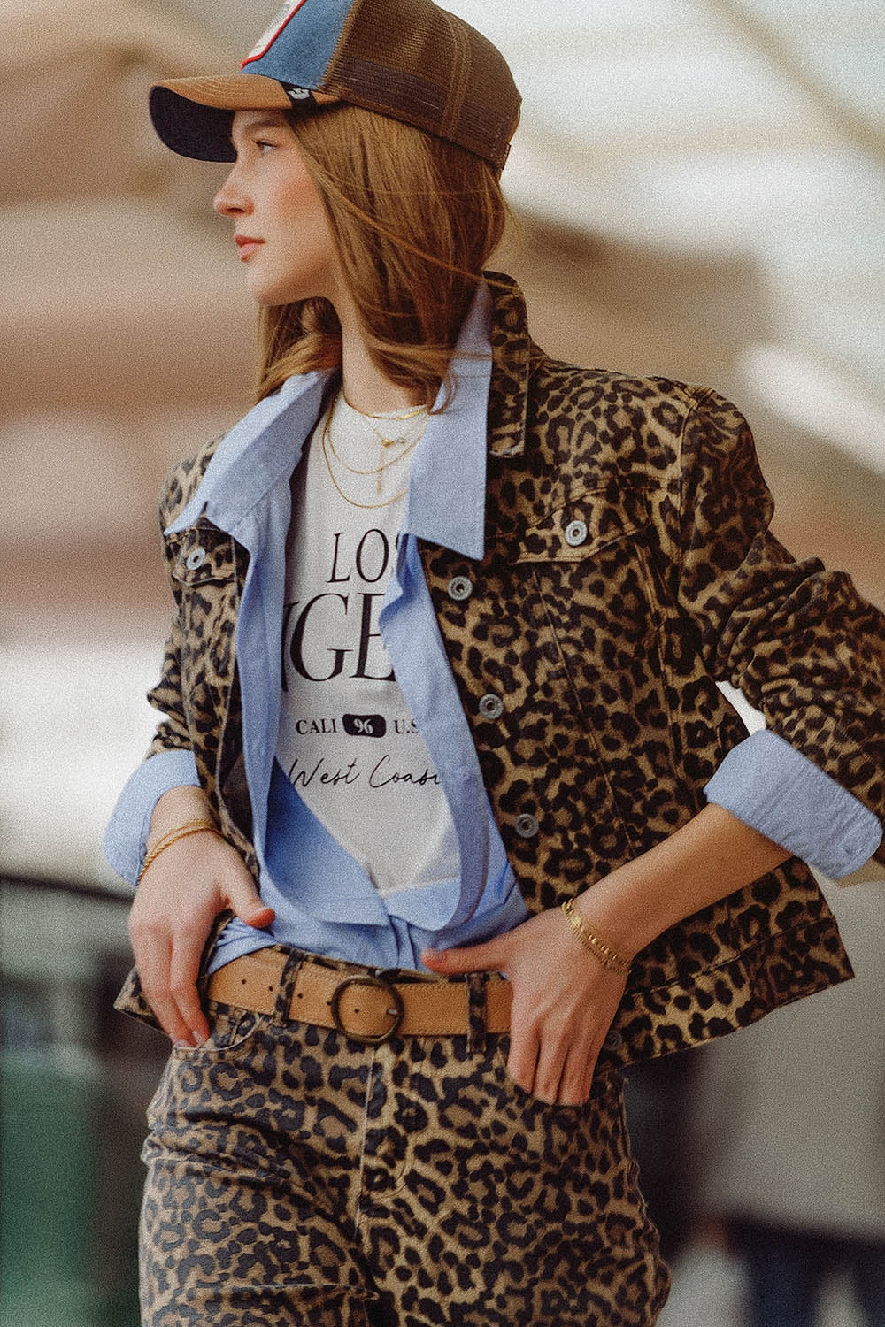 Q2 Brown Jacket with leopard Print in denim fabric