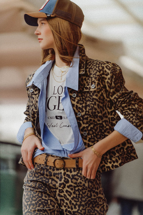 Q2 Brown Jacket with leopard Print in denim fabric