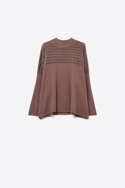 Q2 Brown Knit Sweater with Fluffy Stripe Detail