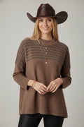 Brown Knit Sweater with Fluffy Stripe Detail
