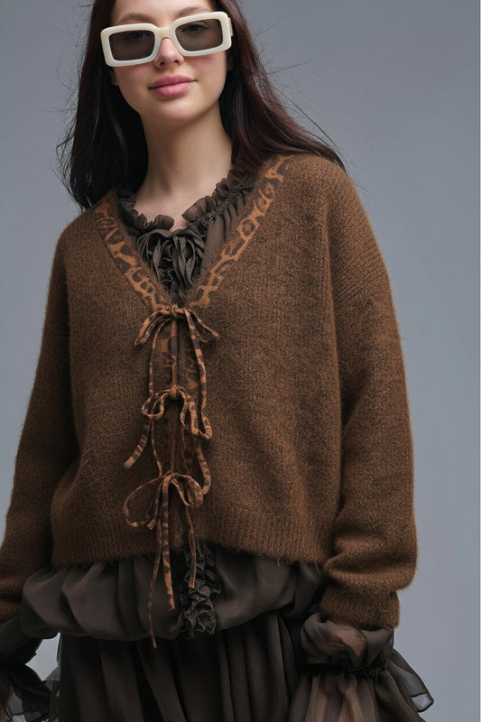 Brown knitted cardigan with leopard embroidered detail