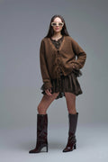 Brown knitted cardigan with leopard embroidered detail