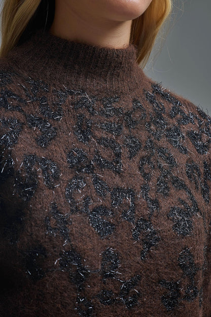 Brown Knitted Sweater with Abstract Design