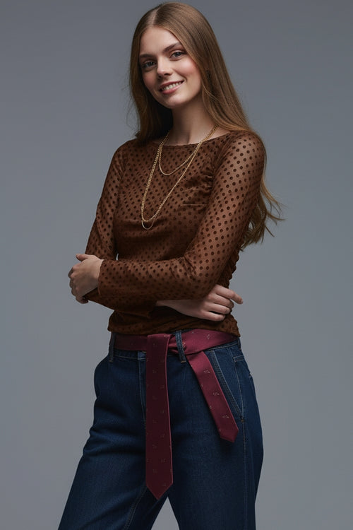Brown Polka Dot Top in elastic sheer fabric
