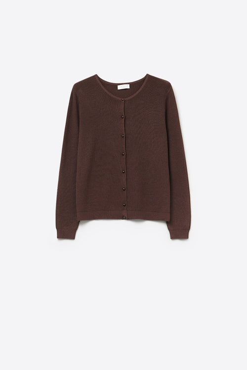 Q2 Brown Ribbed Knit Cardigan with Mother-of-Pearl Buttons