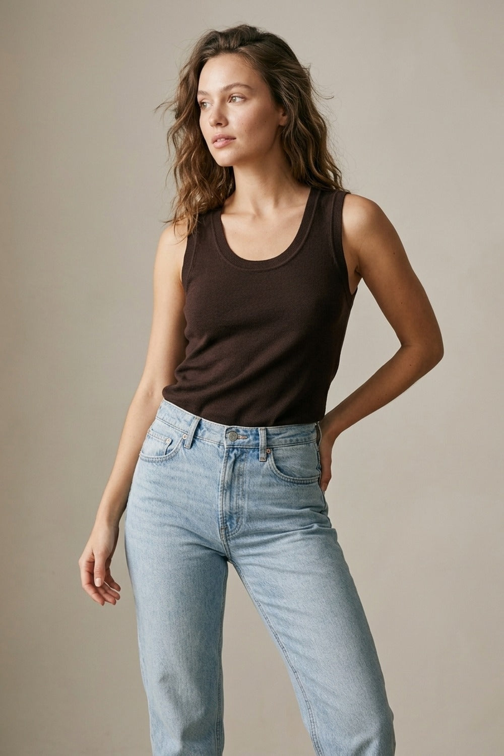 Brown Ribbed Knit Tank Top for Layering